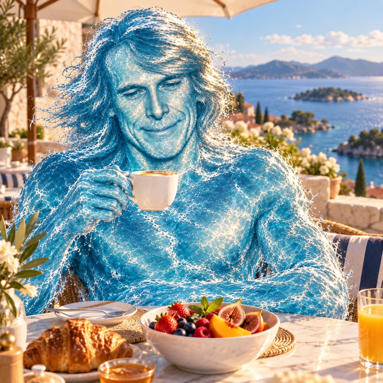 Water Michael Bay sipping coffee at a seaside breakfast table