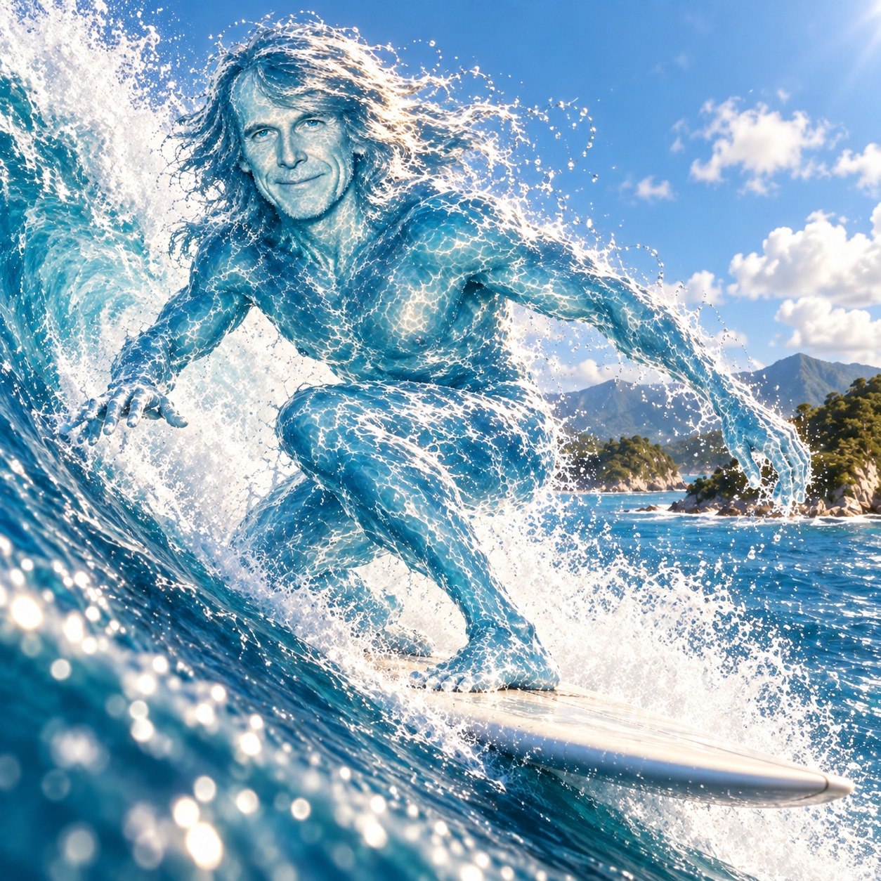 Michael Bay made of ocean water surfing a giant wave