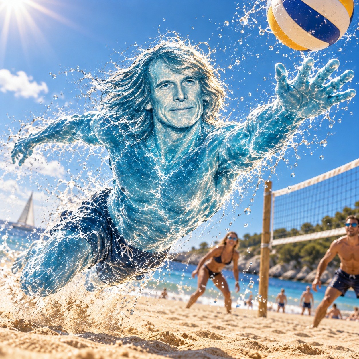 Water Michael Bay diving for a volleyball on the beach